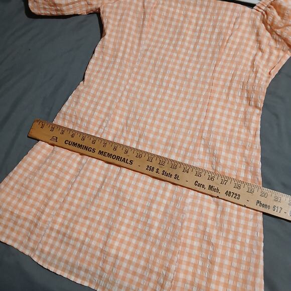 MABLE large peach seersucker gingham short puff sleeve fully lined mini-dress - Picture 11 of 14